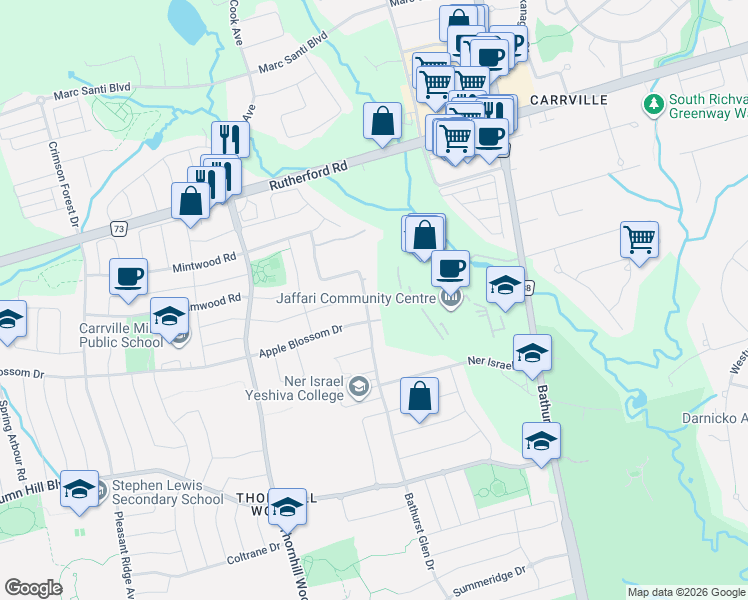 map of restaurants, bars, coffee shops, grocery stores, and more near 335 Bathurst Glen Drive in Vaughan