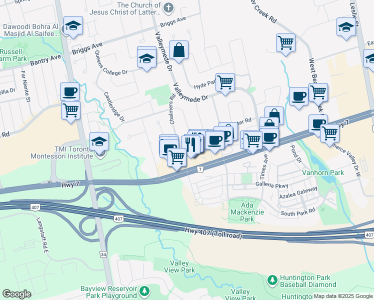 map of restaurants, bars, coffee shops, grocery stores, and more near 9 Chalmers Road in Richmond Hill