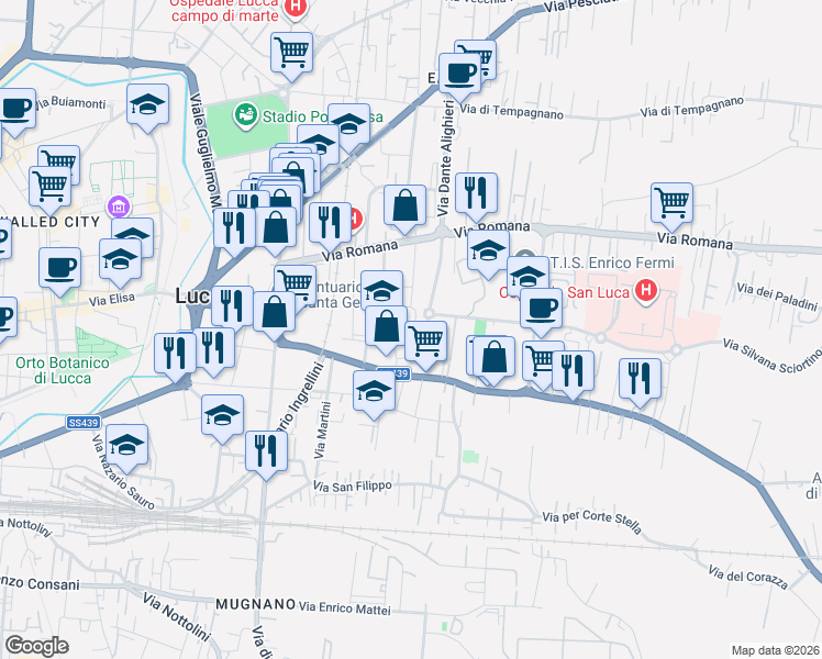 map of restaurants, bars, coffee shops, grocery stores, and more near 203 Via Giovanni Carignani in Lucca