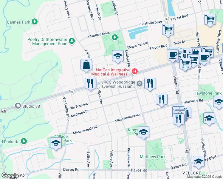 map of restaurants, bars, coffee shops, grocery stores, and more near Alexie Way in Vaughan