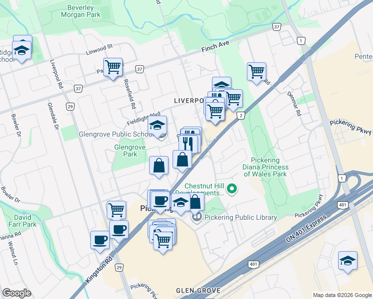 map of restaurants, bars, coffee shops, grocery stores, and more near 1911 Glenview Road in Pickering