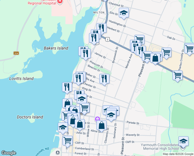 map of restaurants, bars, coffee shops, grocery stores, and more near Baker Street in Yarmouth