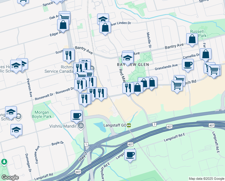 map of restaurants, bars, coffee shops, grocery stores, and more near in Richmond Hill