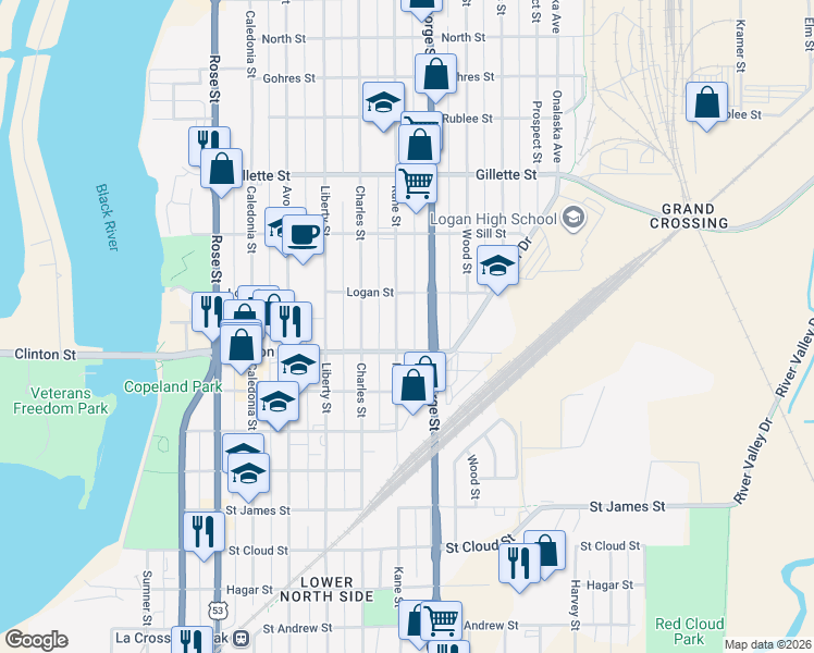map of restaurants, bars, coffee shops, grocery stores, and more near 1318 Kane Street in La Crosse