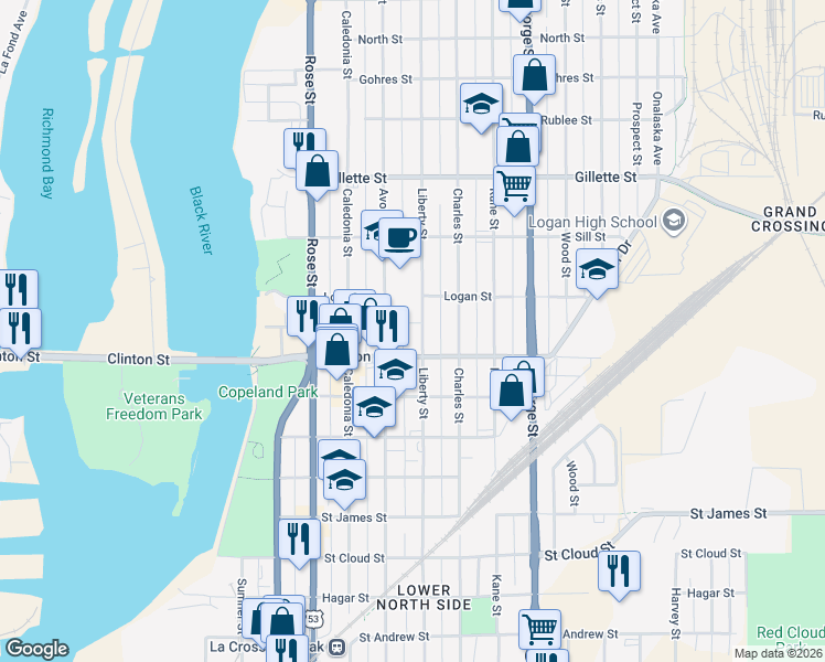 map of restaurants, bars, coffee shops, grocery stores, and more near 1316 Avon Street in La Crosse