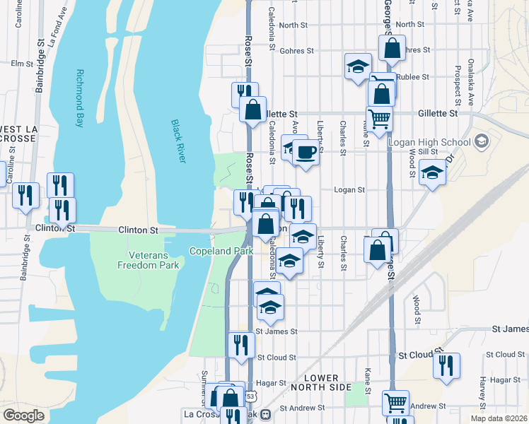 map of restaurants, bars, coffee shops, grocery stores, and more near 1318 Rose Street in La Crosse