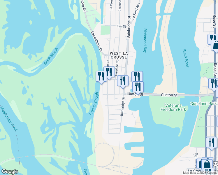 map of restaurants, bars, coffee shops, grocery stores, and more near 1311 La Crescent Street in La Crosse