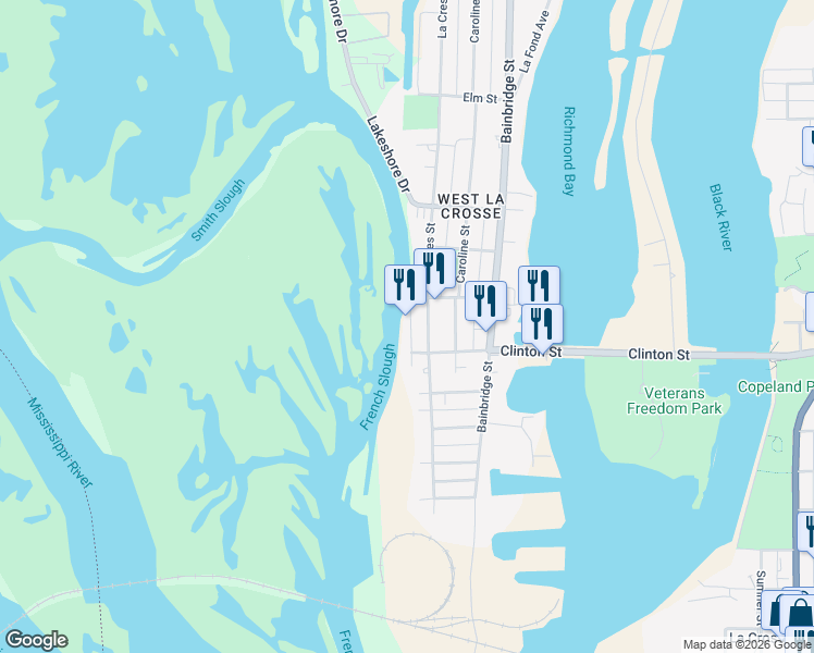map of restaurants, bars, coffee shops, grocery stores, and more near 1311 La Crescent Street in La Crosse