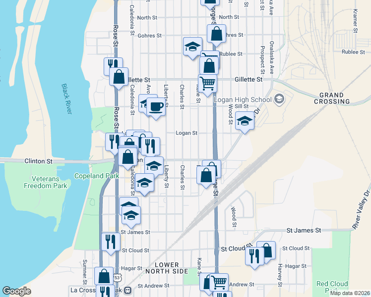 map of restaurants, bars, coffee shops, grocery stores, and more near 1322 Charles Street in La Crosse