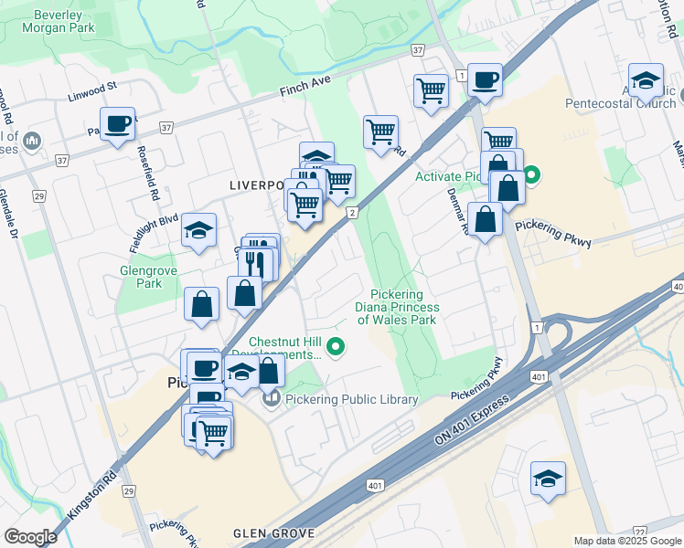 map of restaurants, bars, coffee shops, grocery stores, and more near 1609 Avonmore Square in Pickering