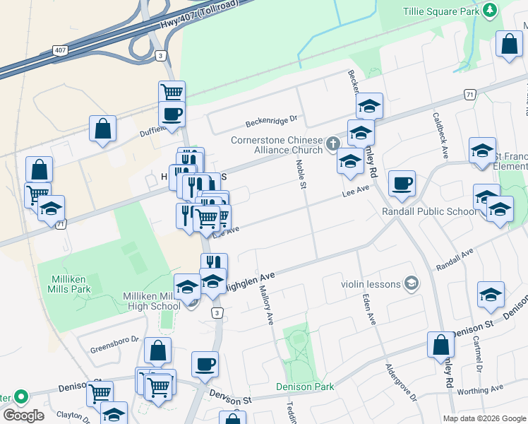 map of restaurants, bars, coffee shops, grocery stores, and more near 38 Lee Avenue in Markham