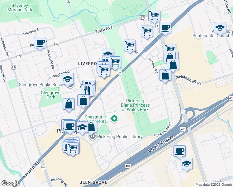 map of restaurants, bars, coffee shops, grocery stores, and more near 1609 Avonmore Square in Pickering