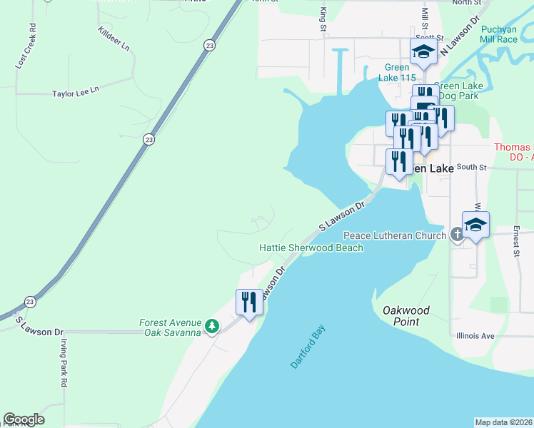 map of restaurants, bars, coffee shops, grocery stores, and more near 458 Bluff Street in Green Lake
