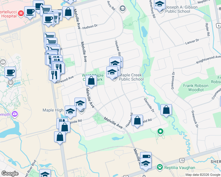 map of restaurants, bars, coffee shops, grocery stores, and more near 36 Dalcairney Road in Vaughan