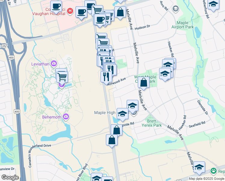 map of restaurants, bars, coffee shops, grocery stores, and more near 95 Kayla Crescent in Vaughan