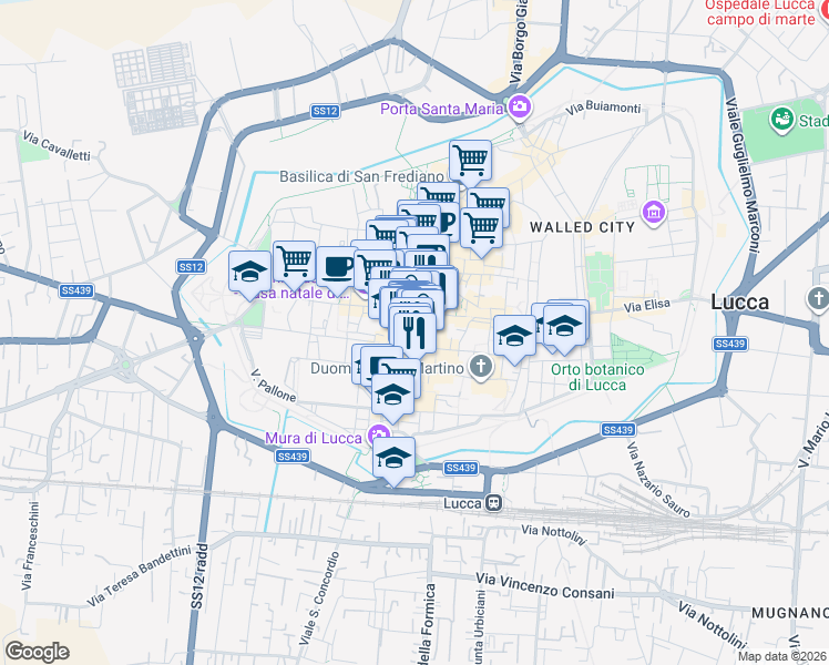 map of restaurants, bars, coffee shops, grocery stores, and more near 18 Via Roma in Lucca