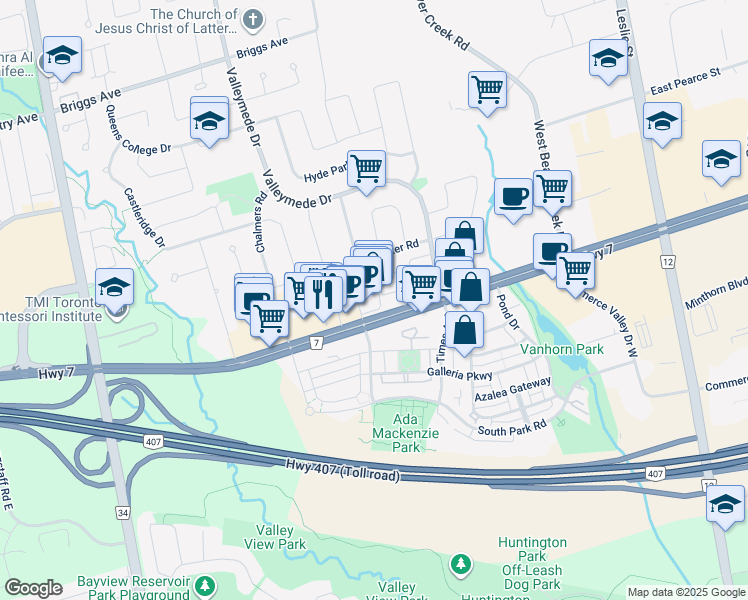 map of restaurants, bars, coffee shops, grocery stores, and more near 372 Highway 7 in Richmond Hill