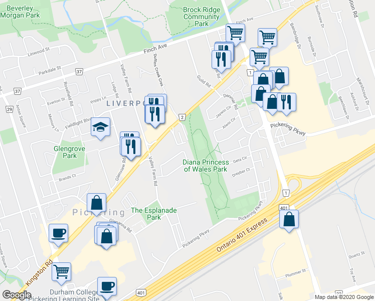 map of restaurants, bars, coffee shops, grocery stores, and more near 1581 Avonmore Square in Pickering