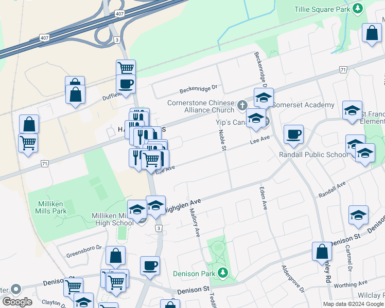 map of restaurants, bars, coffee shops, grocery stores, and more near 38 Lee Avenue in Markham