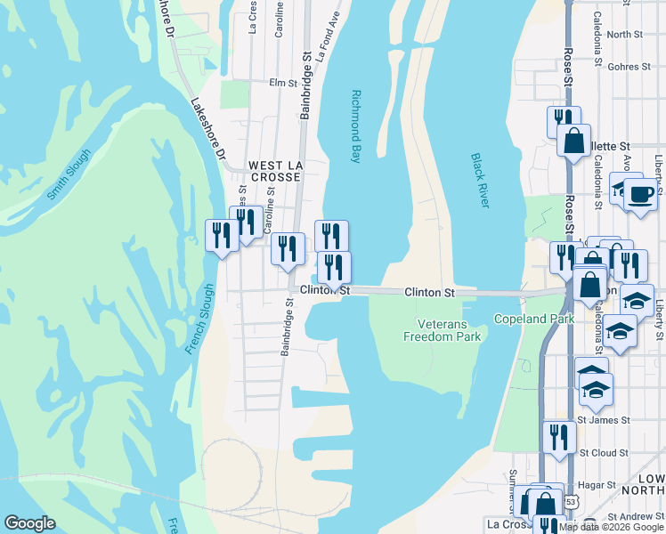 map of restaurants, bars, coffee shops, grocery stores, and more near 129 Clinton Street in La Crosse