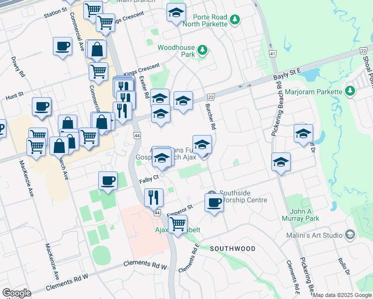 map of restaurants, bars, coffee shops, grocery stores, and more near 105 Bayly Street East in Ajax
