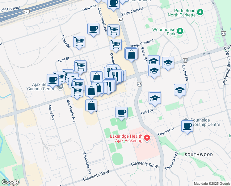 map of restaurants, bars, coffee shops, grocery stores, and more near 23 Mortlock Street in Ajax
