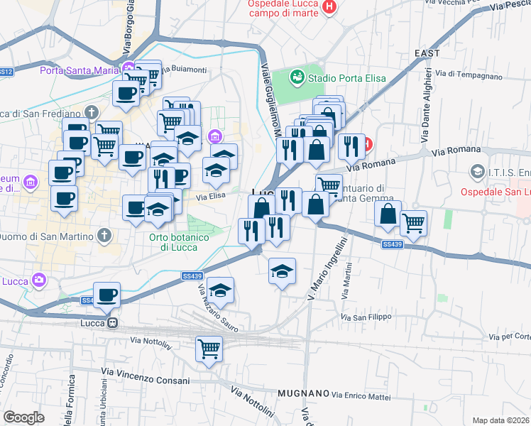 map of restaurants, bars, coffee shops, grocery stores, and more near 135 Viale Giovanni Pacini in Lucca