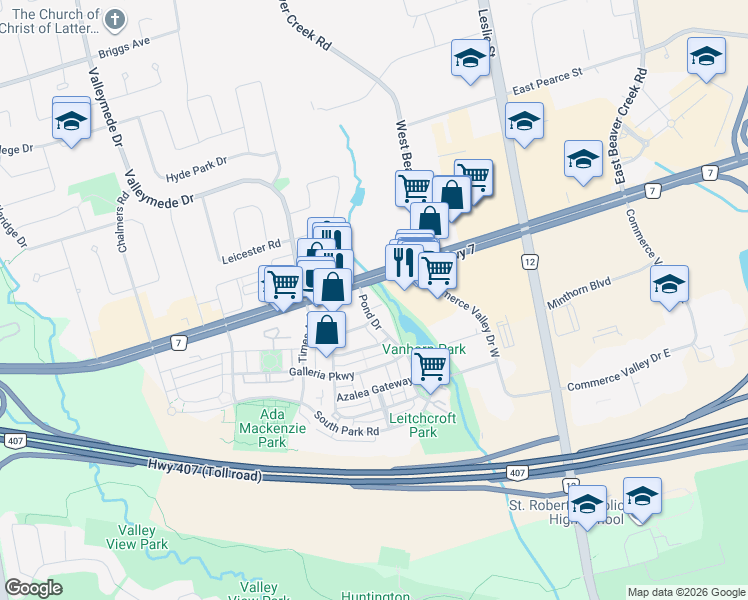 map of restaurants, bars, coffee shops, grocery stores, and more near 135 Pond Drive in Markham