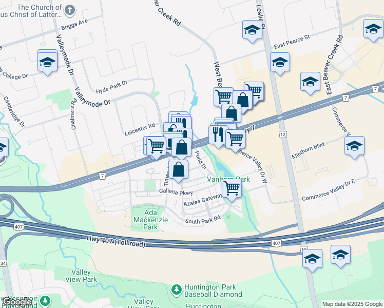map of restaurants, bars, coffee shops, grocery stores, and more near 130 Pond Drive in Markham