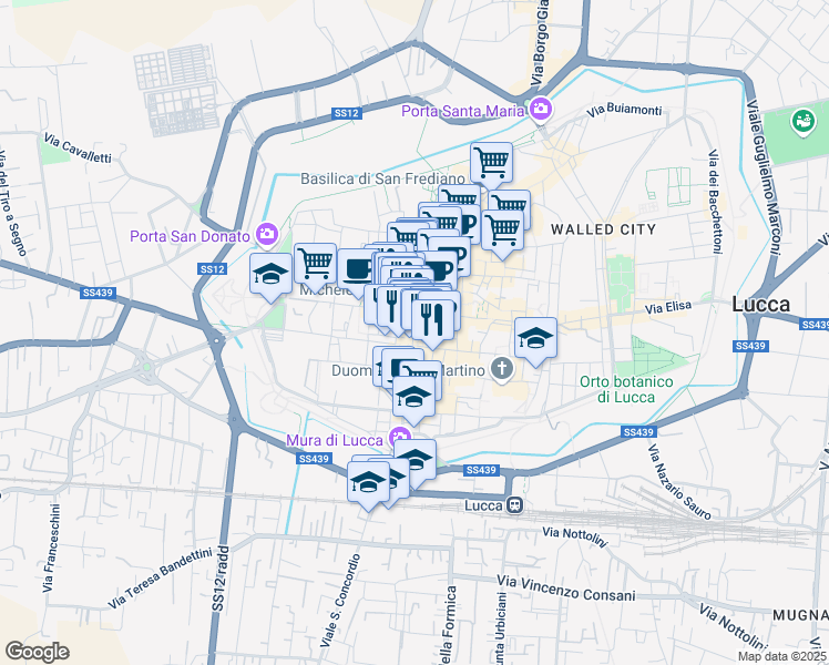 map of restaurants, bars, coffee shops, grocery stores, and more near 10 Corte Campana in Lucca