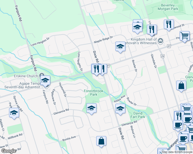 map of restaurants, bars, coffee shops, grocery stores, and more near 1900 Dixie Road in Pickering
