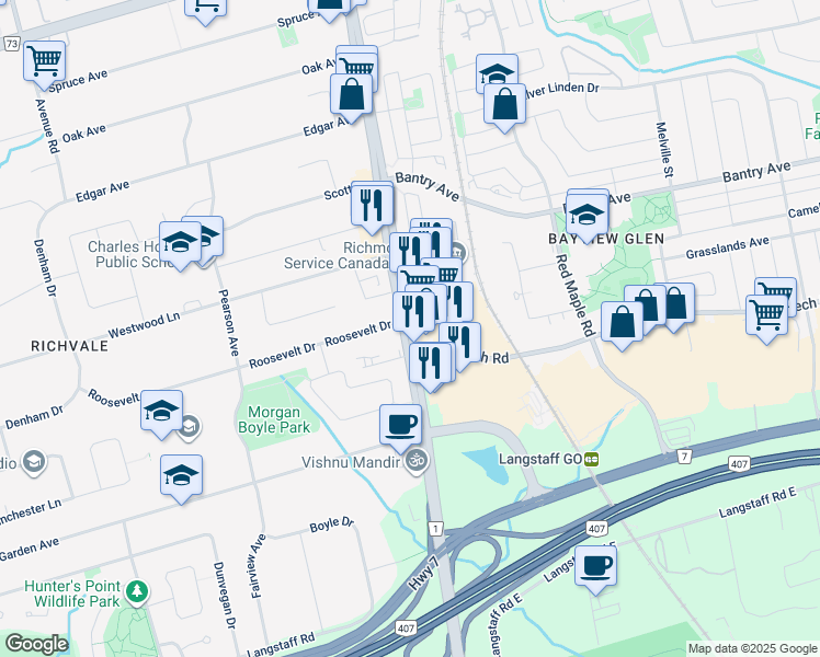 map of restaurants, bars, coffee shops, grocery stores, and more near 2008 Yonge Street in Richmond Hill