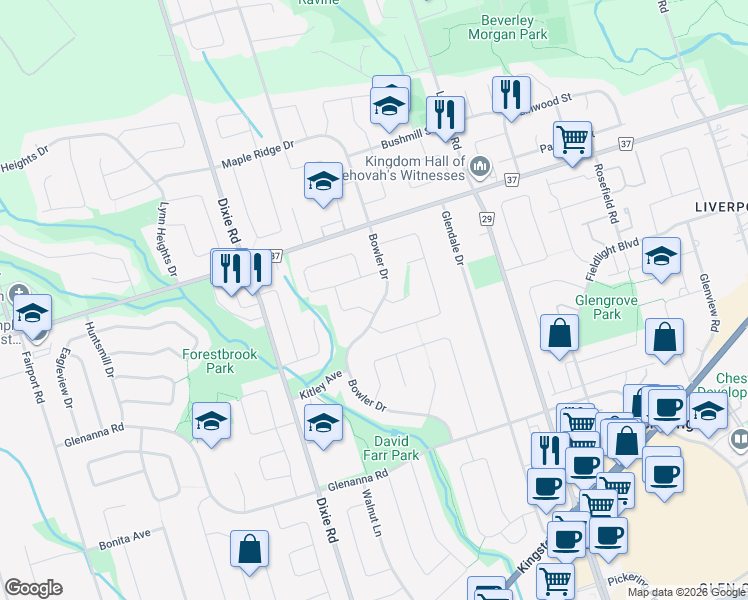 map of restaurants, bars, coffee shops, grocery stores, and more near 1948 Bowler Drive in Pickering