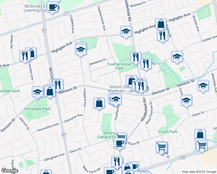 map of restaurants, bars, coffee shops, grocery stores, and more near 45 Ketchum Crescent in Markham