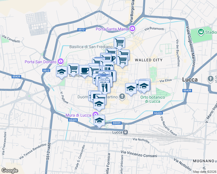 map of restaurants, bars, coffee shops, grocery stores, and more near 18 Via Roma in Lucca