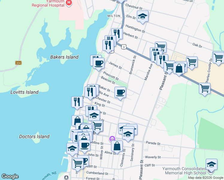 map of restaurants, bars, coffee shops, grocery stores, and more near 28 Baker Street in Yarmouth