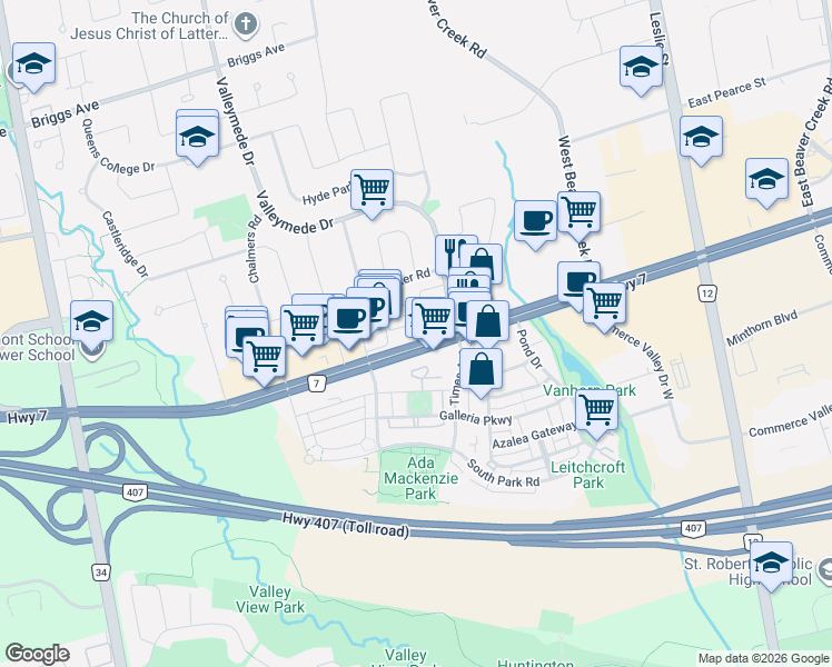 map of restaurants, bars, coffee shops, grocery stores, and more near 398 Highway 7 in Richmond Hill