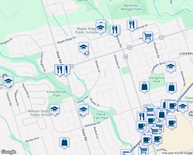 map of restaurants, bars, coffee shops, grocery stores, and more near 1948 Bowler Drive in Pickering