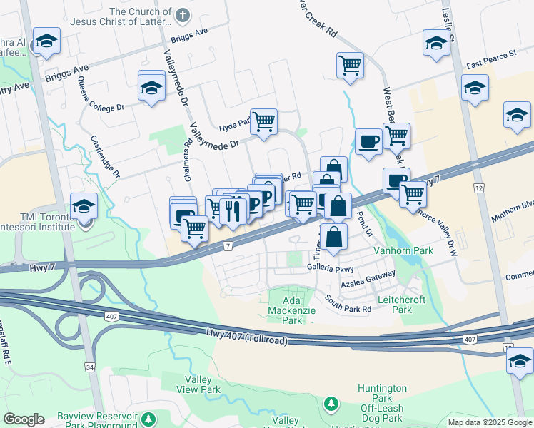 map of restaurants, bars, coffee shops, grocery stores, and more near 376 Highway 7 in Richmond Hill