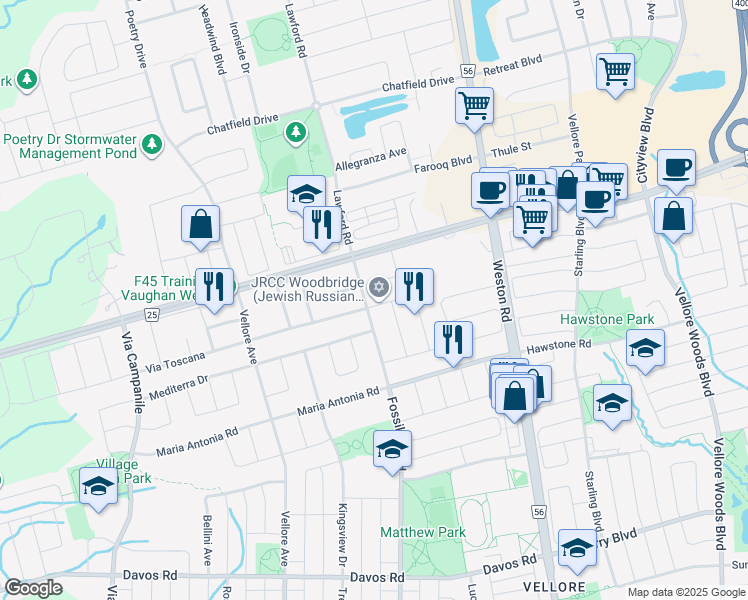 map of restaurants, bars, coffee shops, grocery stores, and more near 1 Via Toscana in Vaughan