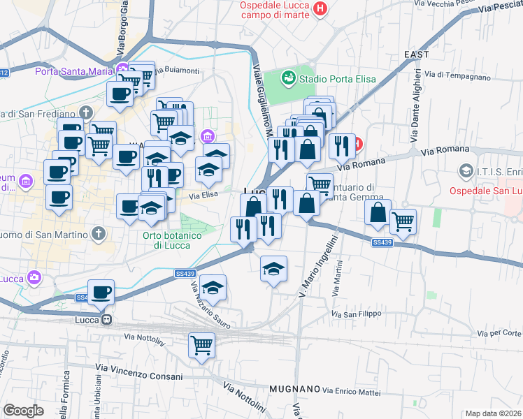 map of restaurants, bars, coffee shops, grocery stores, and more near 135 Viale Giovanni Pacini in Lucca