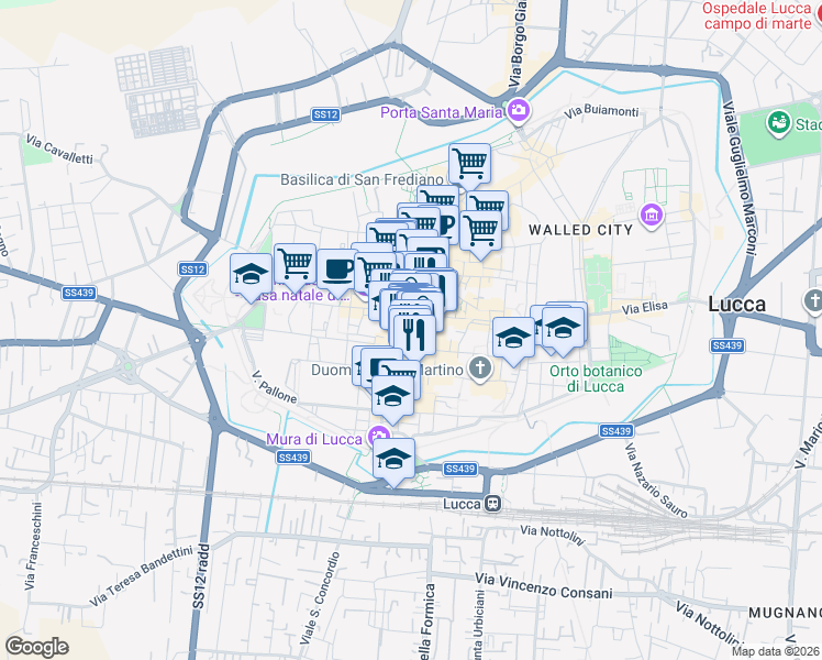 map of restaurants, bars, coffee shops, grocery stores, and more near 18 Via Roma in Lucca