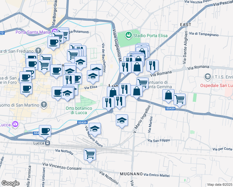 map of restaurants, bars, coffee shops, grocery stores, and more near 135 Viale Giovanni Pacini in Lucca
