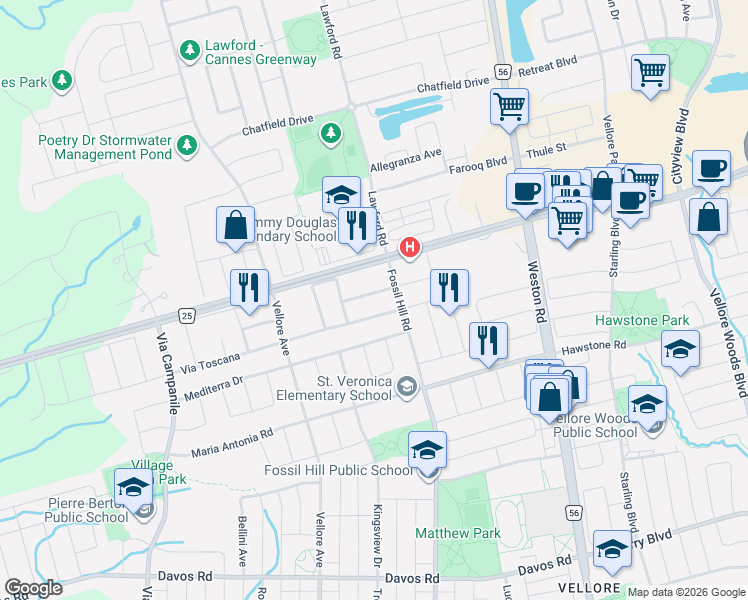 map of restaurants, bars, coffee shops, grocery stores, and more near 25 Sibella Way in Vaughan