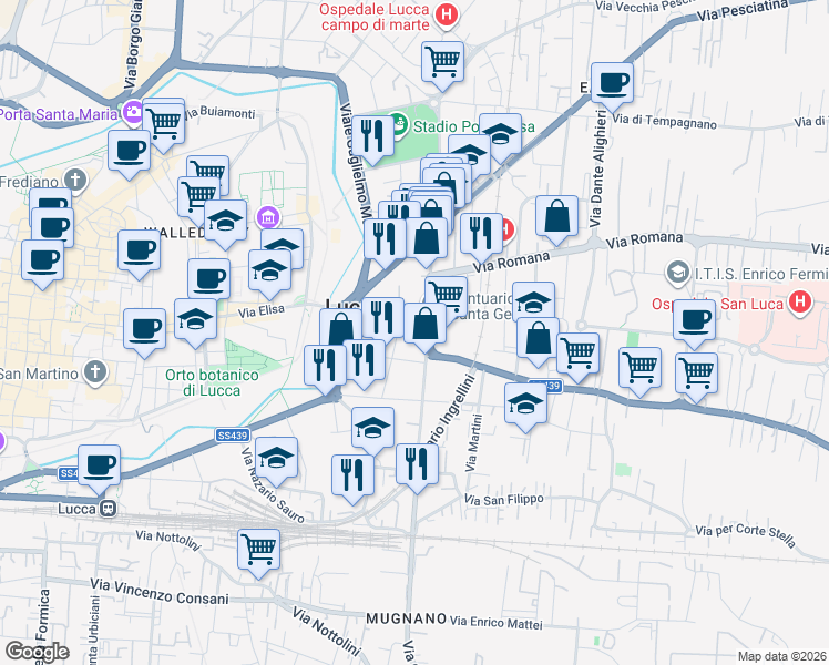 map of restaurants, bars, coffee shops, grocery stores, and more near 360 Via di Tiglio in Lucca
