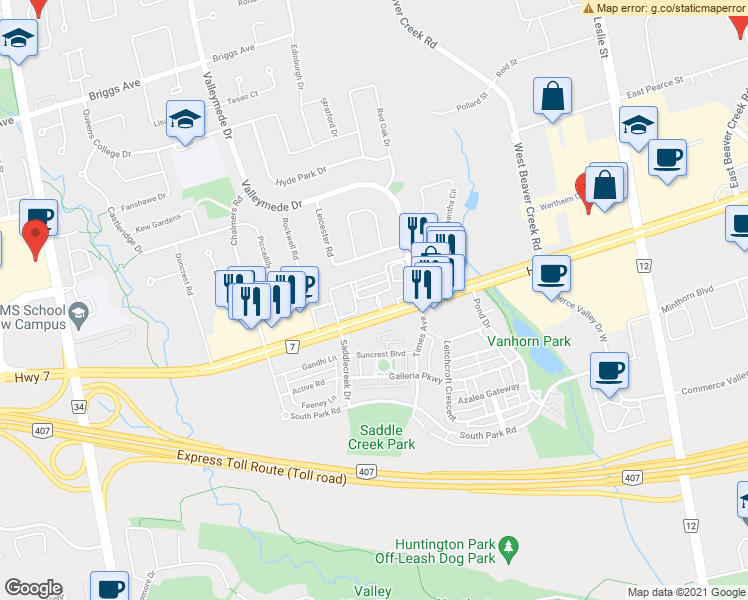 map of restaurants, bars, coffee shops, grocery stores, and more near 394 Highway 7 in Richmond Hill