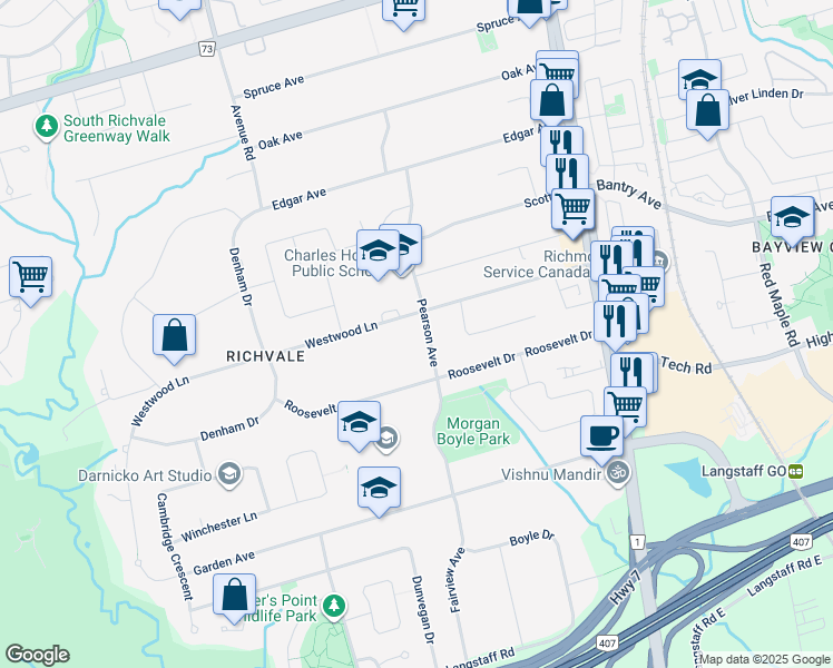 map of restaurants, bars, coffee shops, grocery stores, and more near 16 Pearson Avenue in Richmond Hill