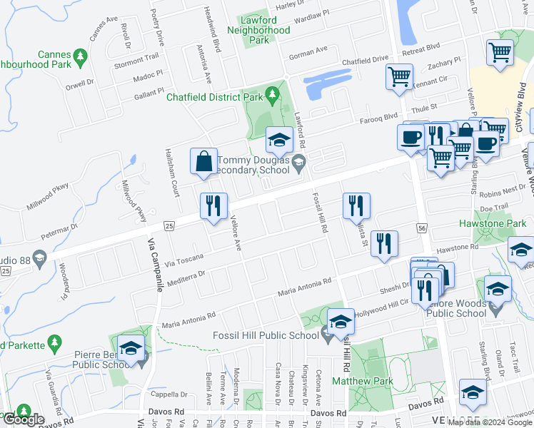 map of restaurants, bars, coffee shops, grocery stores, and more near 94 Alexie Way in Vaughan