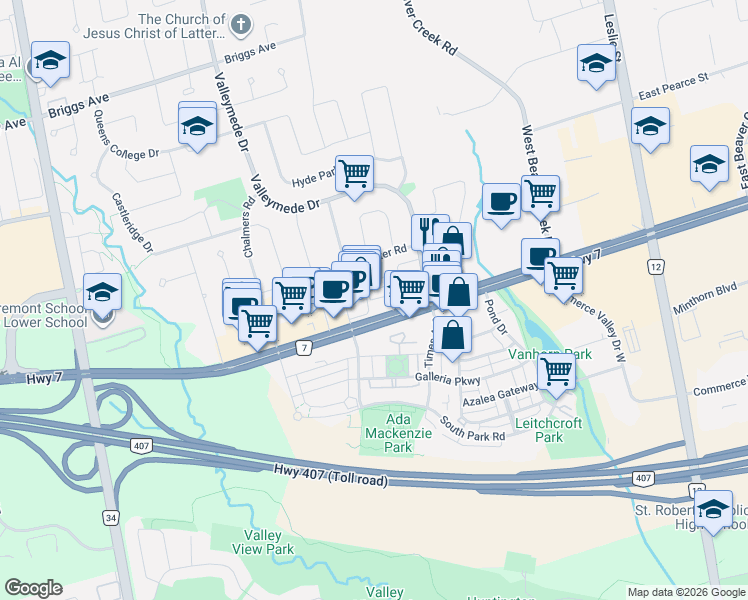 map of restaurants, bars, coffee shops, grocery stores, and more near 392 Highway 7 in Richmond Hill