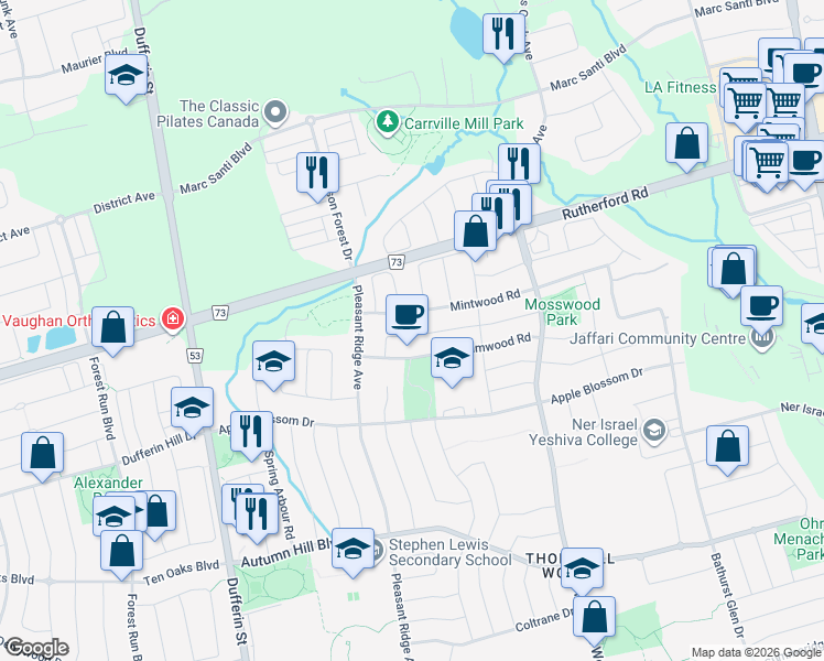 map of restaurants, bars, coffee shops, grocery stores, and more near 136 Foxwood Road in Vaughan